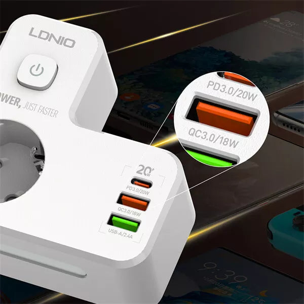 مقبس الطاقة الذكي LDNIO SE2337 – مرافقك المثالي لكل احتياجات الشحن والتوصيل!